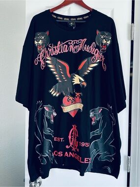 Christian Audigier Black Graphic Eagle & Panthers Shirt with Red Accents